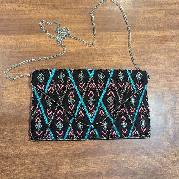 Bold Black and Pink Geometric Clutch with Chain Strap - Picture 1 of 8